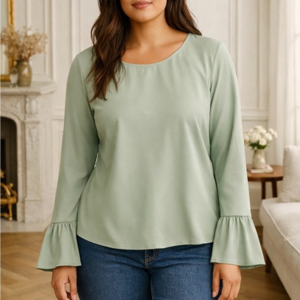 J.Crew Mint Green Elegant Long Sleeve Top Ruffle Sleeve Blouse